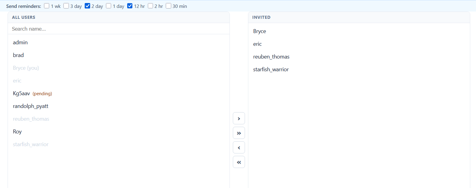 Invite picker showing All Users and Invited panes
