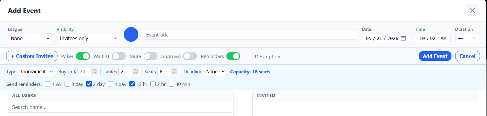 Event dialog toolbar with Poker, Waitlist, Approval, and Reminders toggles