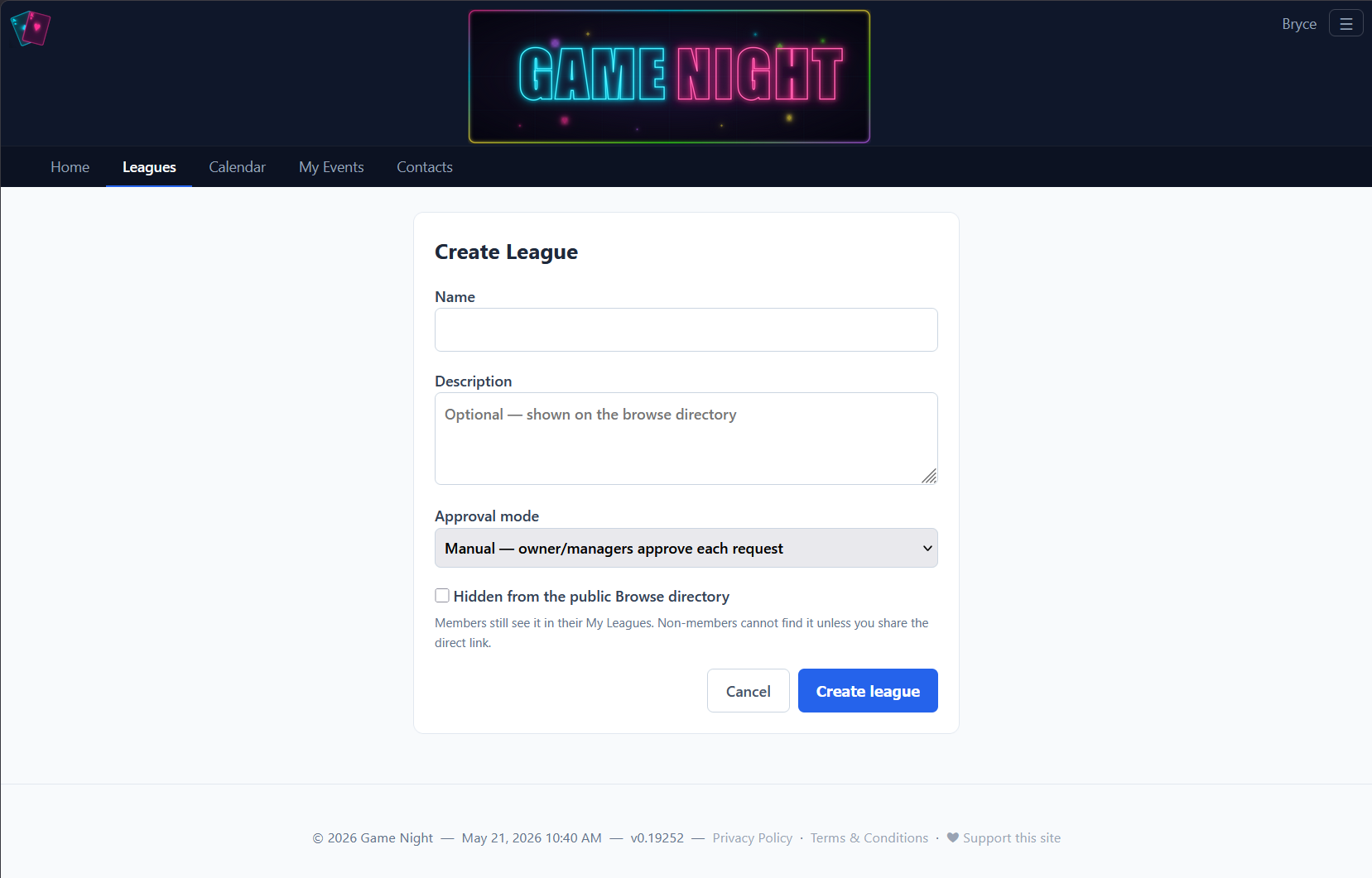 League creation form