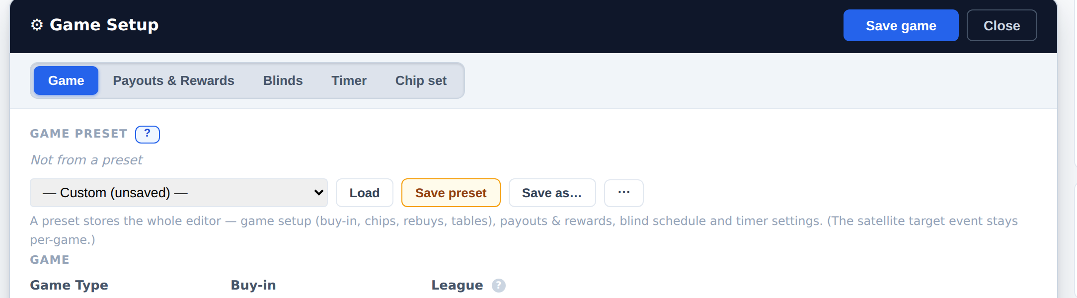 The game Setup editor showing its Game, Payouts & Rewards, Blinds, Timer and Chip set tabs