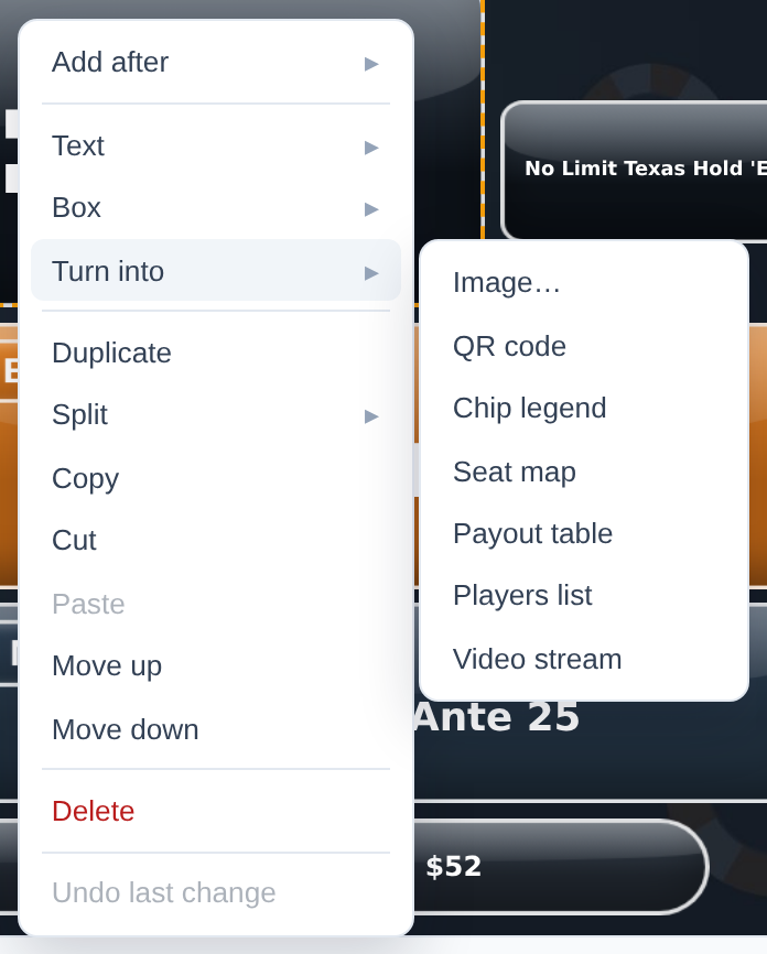 Part of a cell's right-click menu: Use an image instead, Use a QR code instead, Use a chip legend instead, Use a seat map instead, Use a payout table instead, Use a video stream instead