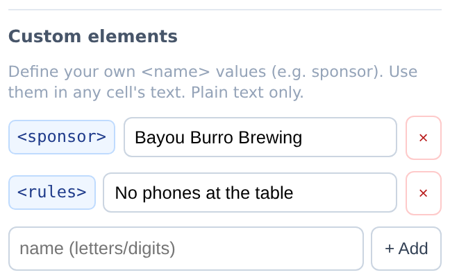 The Custom elements panel: sponsor and rules entries with their text, and a field to add another