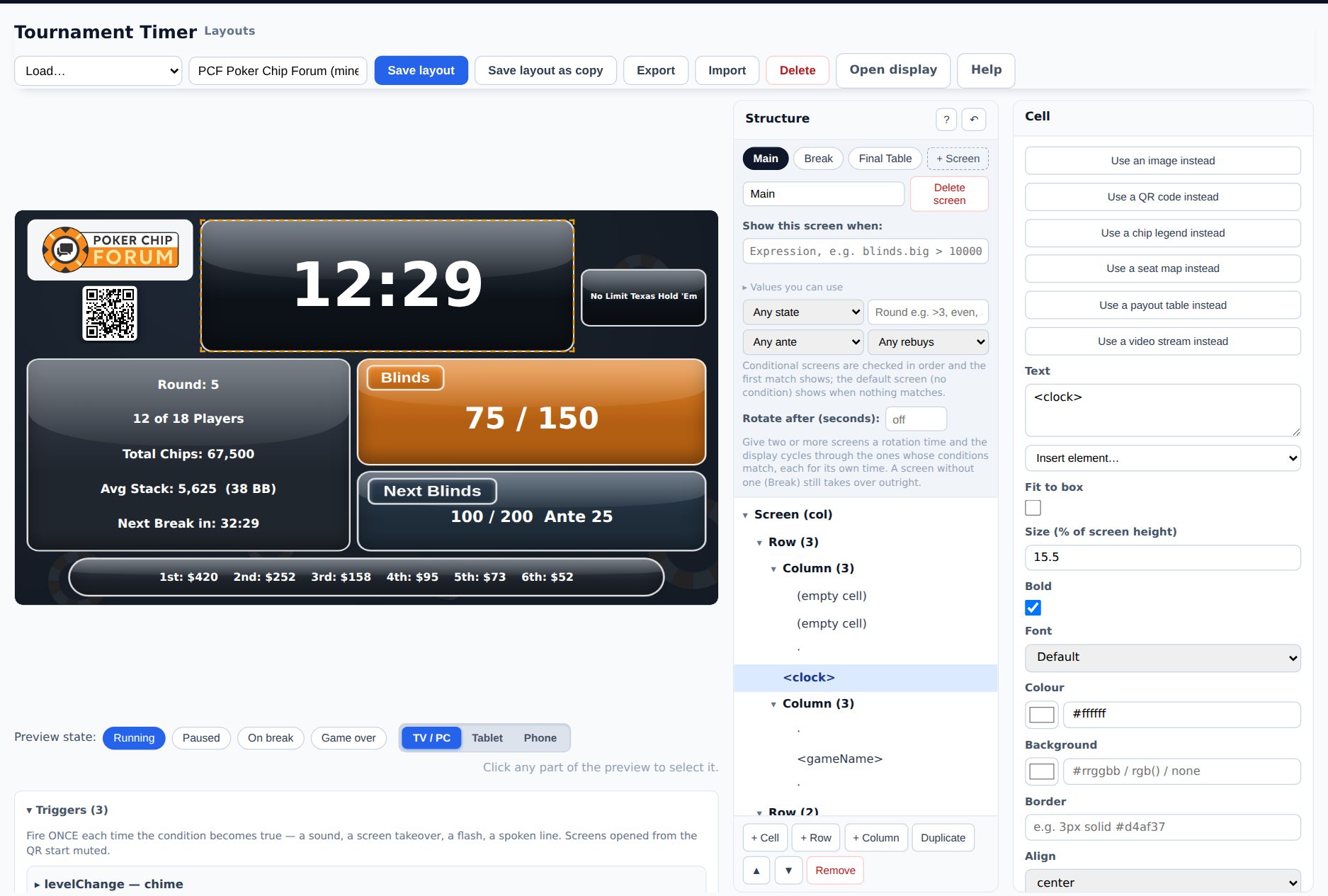 The layout editor: toolbar across the top, the live preview on the left with the preview-state bar and Triggers below it, the Structure panel with screen tabs and the layout tree in the middle, and the Cell inspector on the right