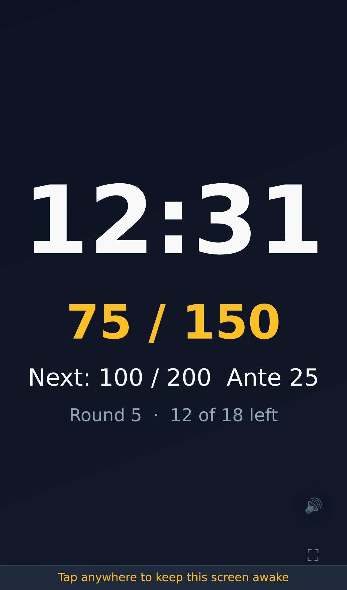 A phone showing the Default Layout's Phone screen: a large clock, the blinds in gold, the next level, the round and players left