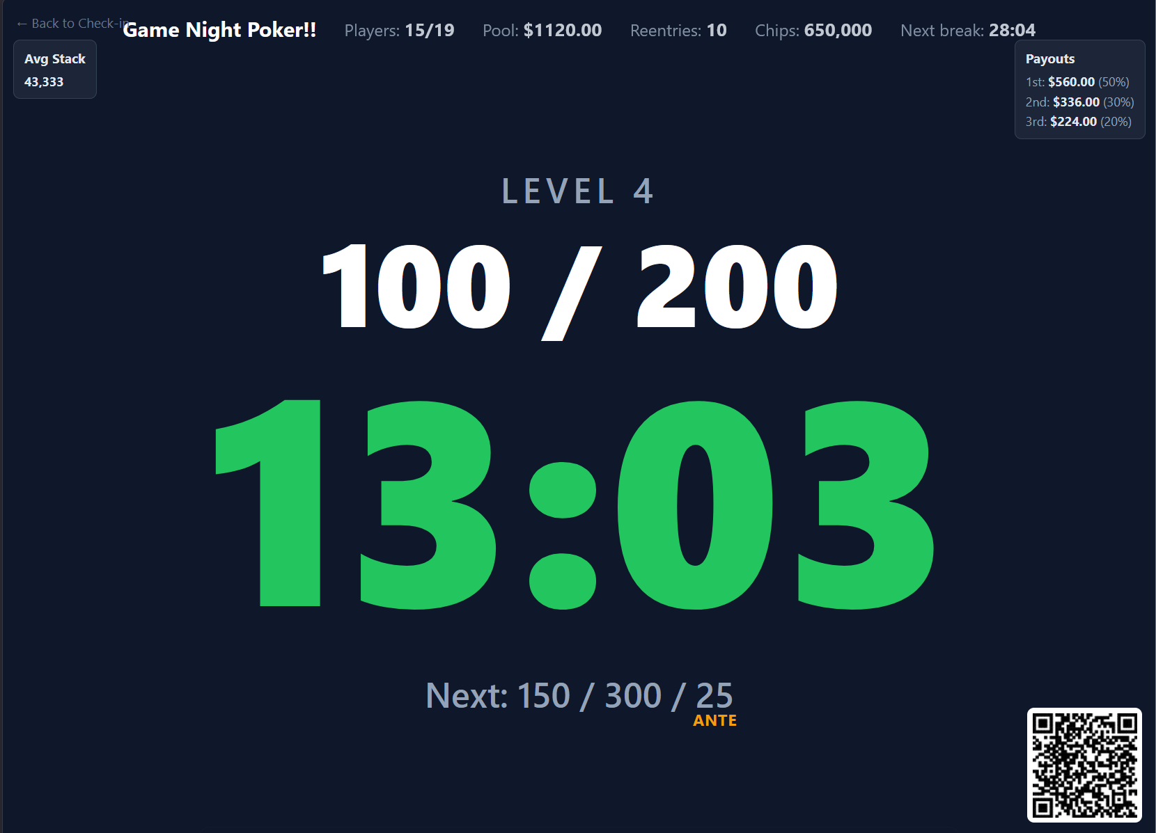 GameNight tournament timer showing the current blind level and a large countdown clock