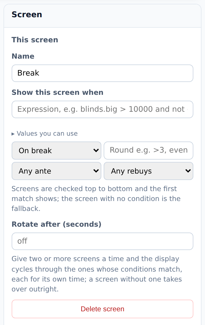 The screens area of the Structure panel: Main, Break and Final Table tabs, + Screen, the screen name, Delete screen, Show this screen when with the On break state picked, and Rotate after (seconds)
