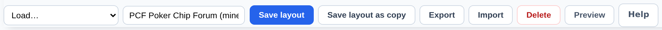 The editor toolbar: Load, the layout name, Save layout, Save layout as copy, Export, Import, Delete, Open display, Help