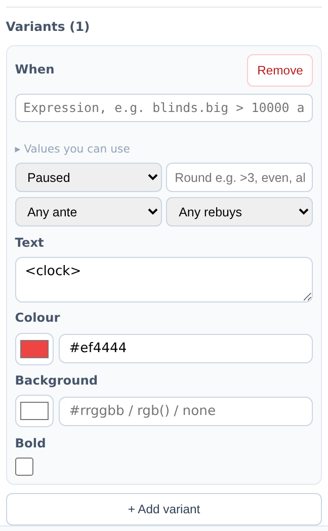 The Variants panel for the PCF clock cell: one variant whose condition is Paused, with text, a red colour, background and bold fields, and an Add variant button