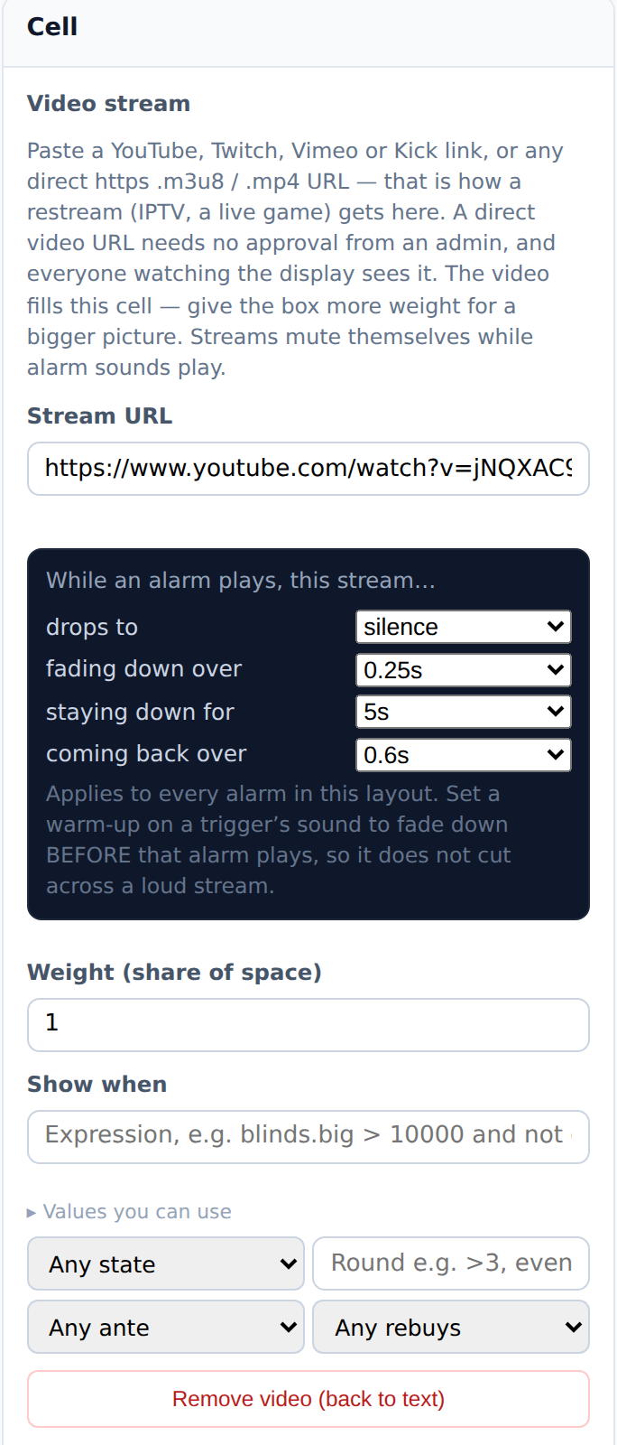 The video cell's inspector: the Stream URL field and the panel headed While an alarm plays, this stream: drops to, fading down over, staying down for, coming back over