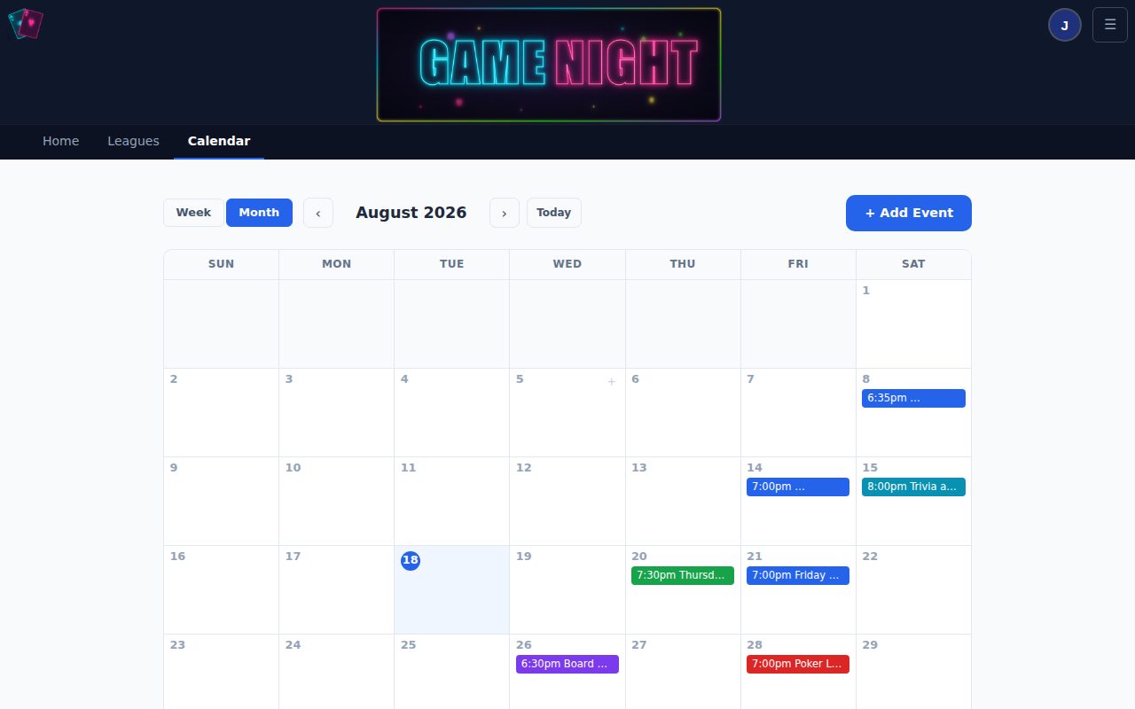 A month calendar with several scheduled game nights