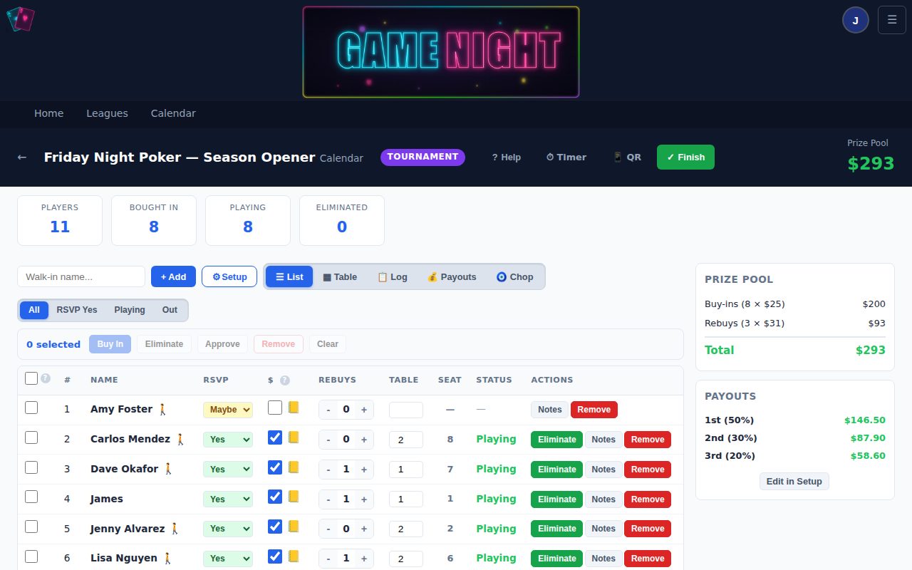 The tournament check-in console with players, buy-ins, and the live prize pool