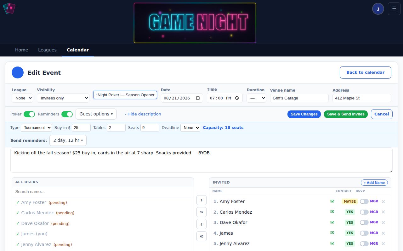 The event editor with a poker night filled out and guests invited