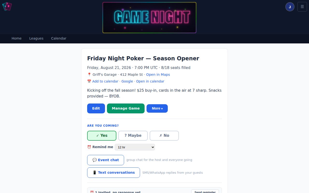 An event page showing RSVP buttons and the guest list