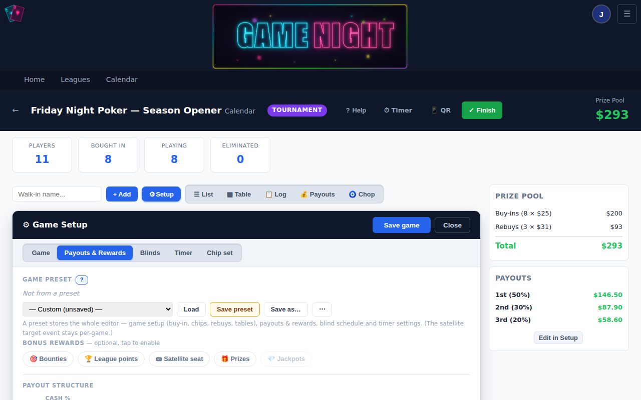 The game setup editor on the payouts and rewards tab